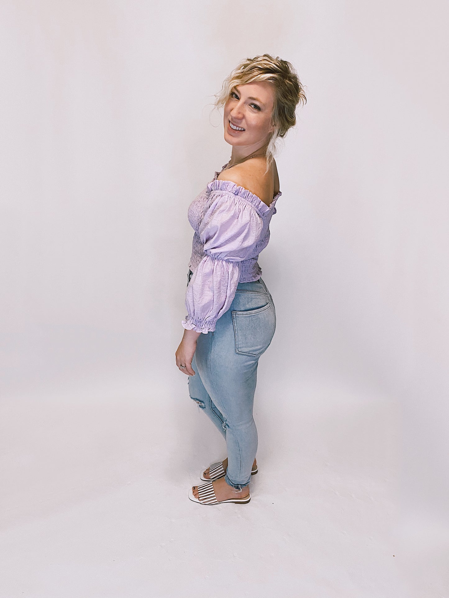 Lilac Off Shoulder Smocked Top